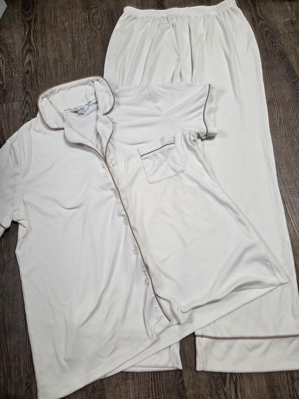Nicole Miller Cream Taupe Ribbed Super Soft Pajamas Lounge Set Shirt Pants Large